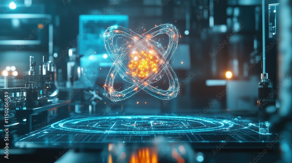 Obraz premium A futuristic lab with a close-up view of an atom, glowing brightly with intricate molecular designs.