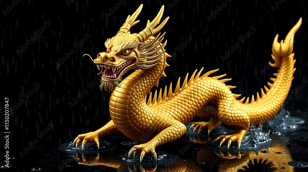 Fototapeta premium Majestic Golden Dragon Statue in the Rain A Captivating Display of Mythical Power and Elegance