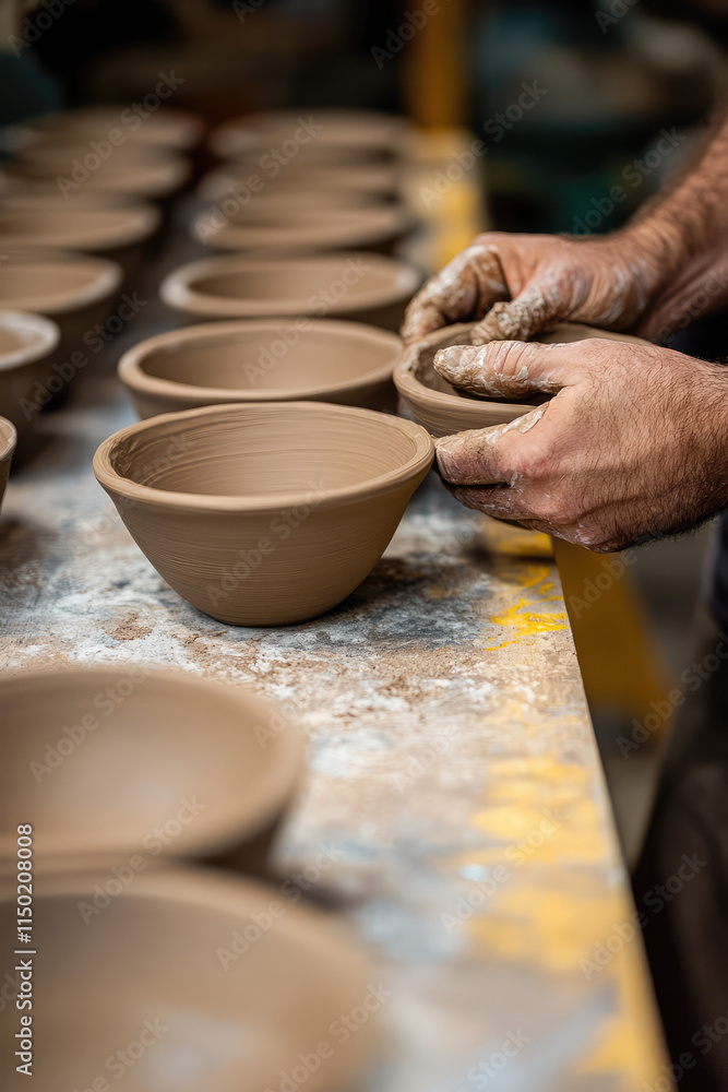 Close-up of potter hands sculpting handmade clay bowl on a working table in studio or a workshop. Close-up of potter hands sculpting handmade clay bowl on a working table in studio or a workshop.