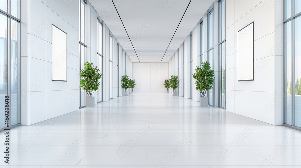Fototapeta premium Modern hallway with large windows and indoor plants illuminating the space.