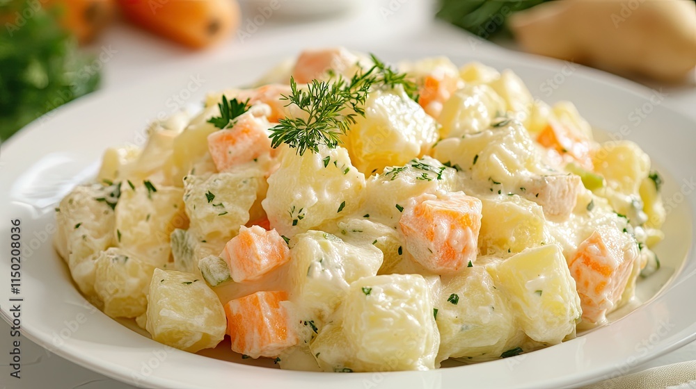 A plate of fresh potato salad mixed with vibrant vegetables, garnished with herbs, served on a white table. A plate of fresh potato salad mixed with vibrant vegetables, garnished with herbs, served on a white table.