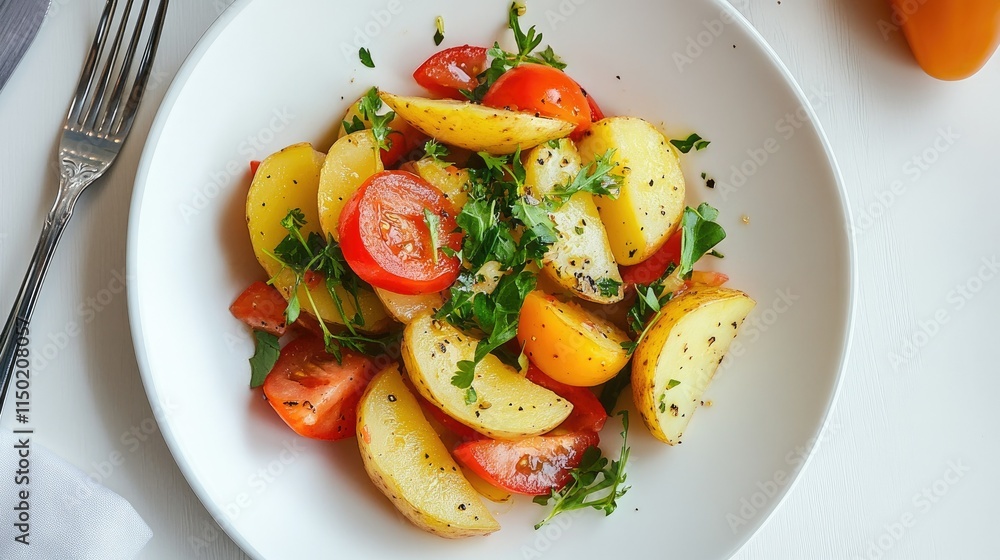 A plate of fresh potato salad mixed with vibrant vegetables, garnished with herbs, served on a white table. A plate of fresh potato salad mixed with vibrant vegetables, garnished with herbs, served on a white table.
