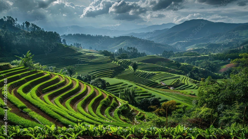 A thriving agricultural landscape, with neat rows of crops stretching toward the horizon, A thriving agricultural landscape, with neat rows of crops stretching toward the horizon,