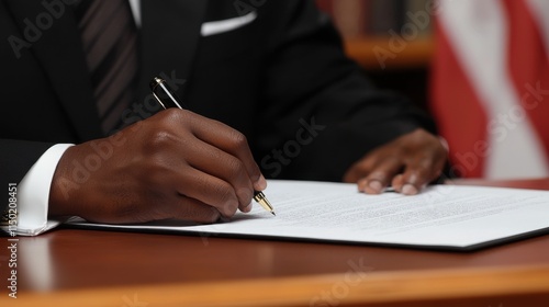 Close-up of politician signing important document on wooden desk, symbolizing political career and decision-making process with flag and cityscape elements.