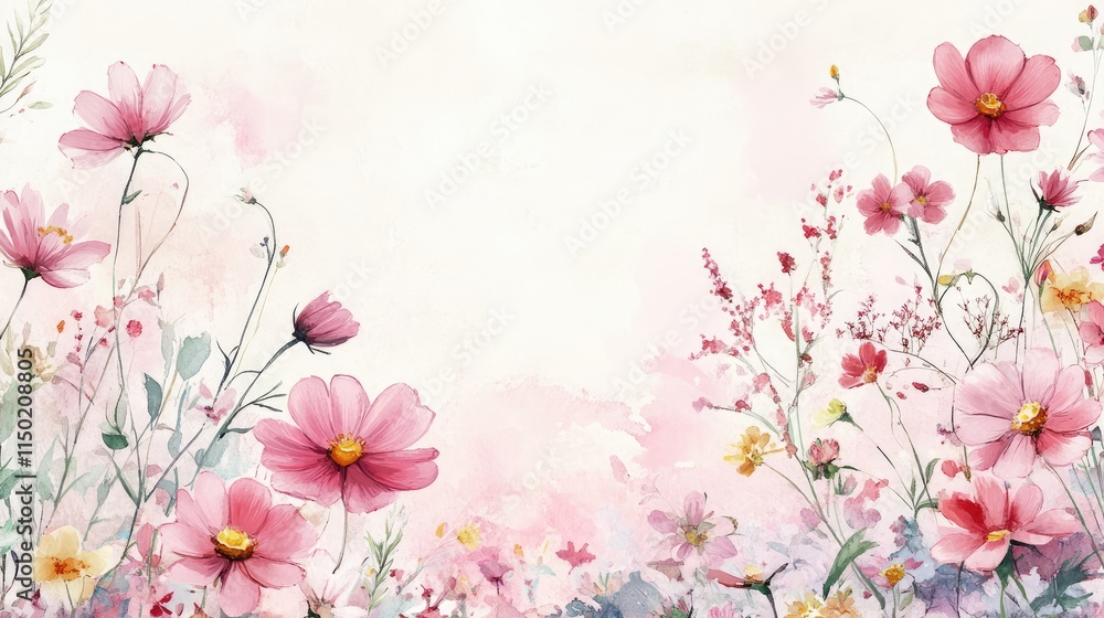 watercolour style Empty page template, spring flowers on the border of the page all around