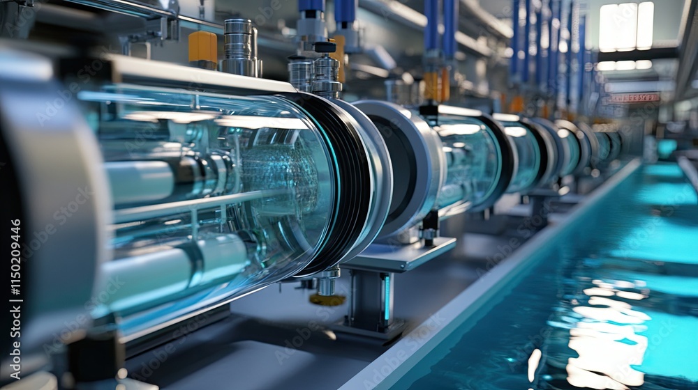 A visionary nanotech desalination plant with transparent filtration systems and a futuristic industrial design A visionary nanotech desalination plant with transparent filtration systems and a futuristic industrial design