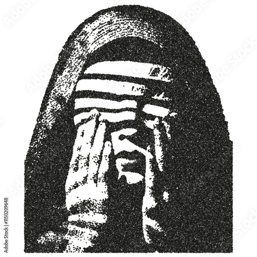 A dream of a strange new world. Priest devoted to faith. Grainy dirty effect, photocopy. Halftone. Fine Stippled texture. Element creative designs.