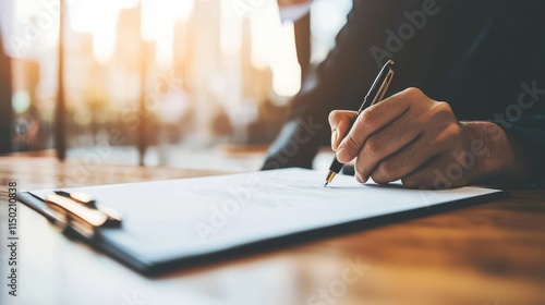 Close-up of politician signing important document on wooden desk, symbolizing political career and decision-making process with flag and cityscape elements.