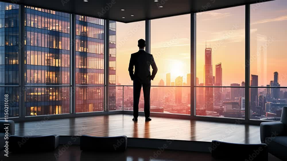 Businessman Standing in a Modern Office Overlooking a City Skyline at Sunset with Floor-to-Ceiling Windows
Businessman Standing in a Modern Office Overlooking a City Skyline at Sunset with Floor-to-Ceiling Windows