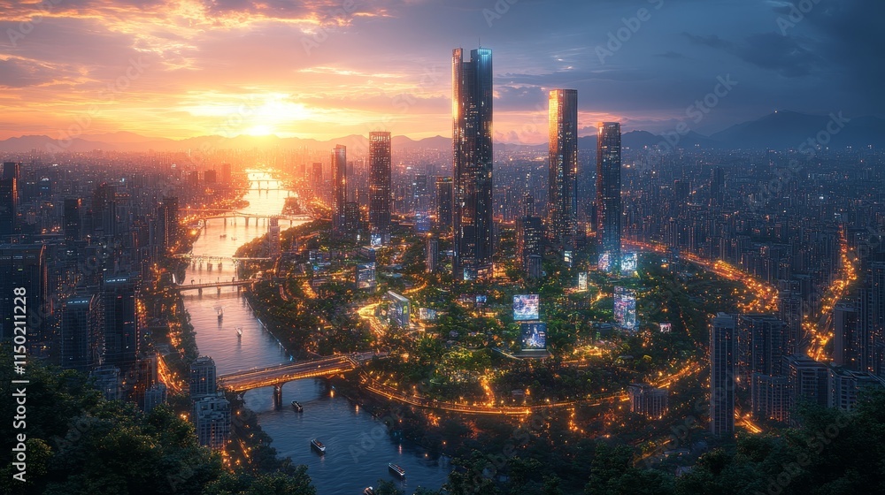 Fototapeta premium City Skyline at Sunset With Vibrant Lights Reflecting on the River Showcasing a Bustling Urban Landscape and Stunning Architecture