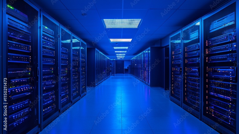 High-Tech Server Room with Blue Lighting High-Tech Server Room with Blue Lighting