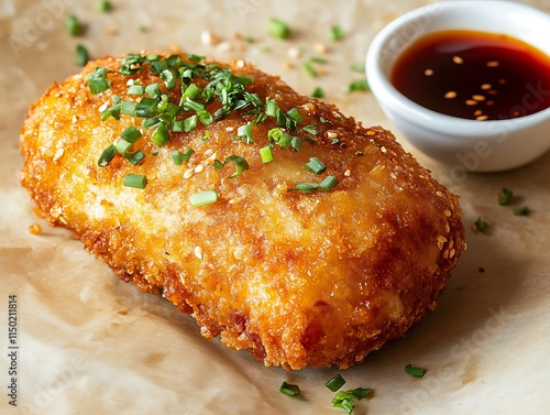 Crispy Fried Food with Sesame Seeds and Spicy Sauce photo