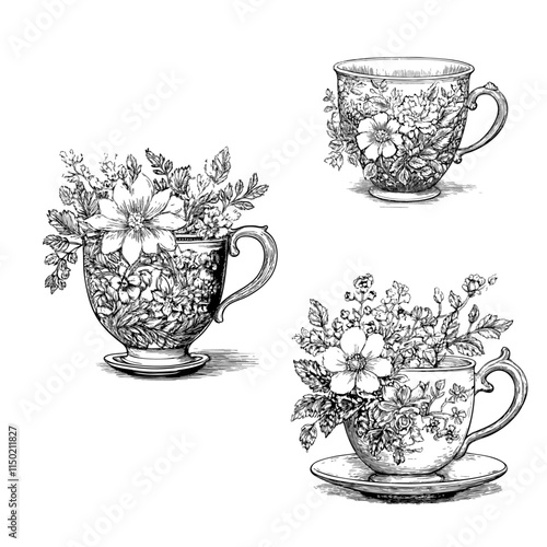 Tea cup floral alice in wonderland linocut black and white
