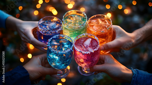 Friends sharing a toast with colorful cocktails under party lights copy space on side. concept as Vibrant friends sharing a toast with colorful cocktails illuminated by party lights capturing the exci photo