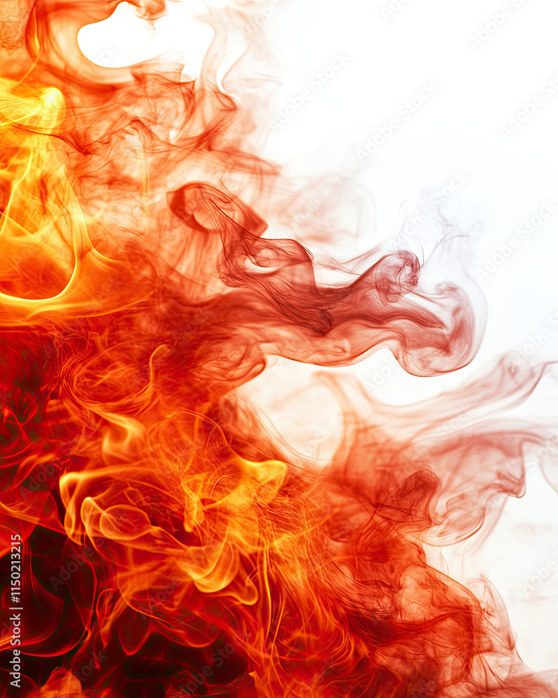 Fototapeta premium A captivating swirl of vibrant red and orange flames, creating an abstract display of fire against a white background.
