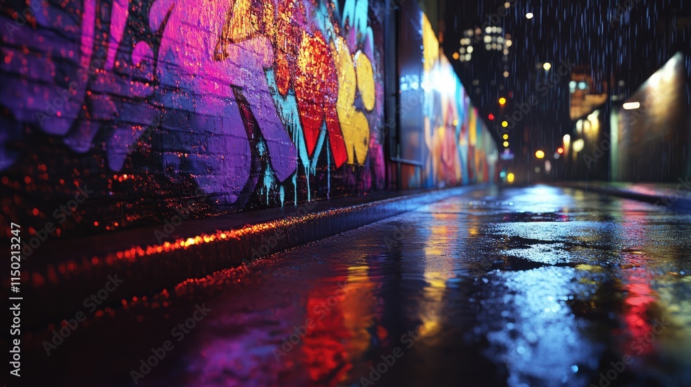 wet city street after rain at night time with colorful light and graffiti wall, wet city street after rain at night time with colorful light and graffiti wall,