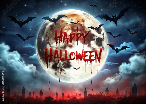 Spooky Halloween Full Moon Night Bats Blood Dripping Happy Halloween Background photo