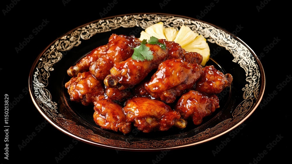 Chinese-style fried chicken drizzled in spicy glaze, served with sweet pineapples on a sleek plate against a black backdrop. Chinese-style fried chicken drizzled in spicy glaze, served with sweet pineapples on a sleek plate against a black backdrop.
