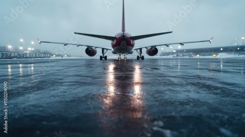 An airplane positioned on an icy runway in freezing conditions, viewed from behind, conveying resolve and readiness for challenging journeys or departures. photo