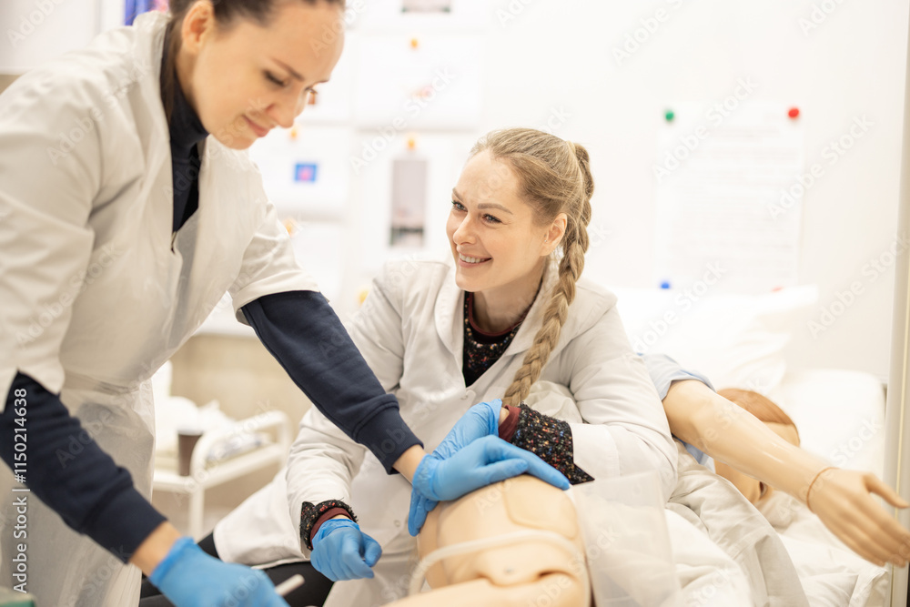 Medical Nurses Training Practice with Smiling Professionals in a Bright Hospital Setting Medical Nurses Training Practice with Smiling Professionals in a Bright Hospital Setting