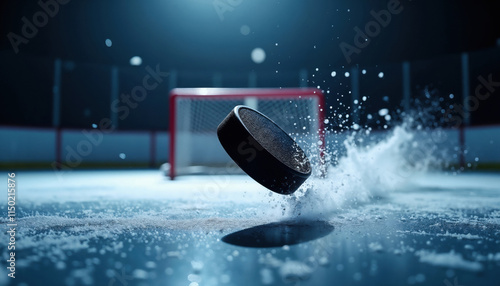 A hockey puck is flying across the ice rink, creating a mighty splash as it moves toward the net. The atmosphere is intense with dramatic lighting illuminating the rink. Copy space