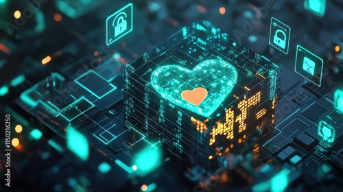 Electrical components on a green computer circuit board with a heart-shaped microchip, symbolizing the core of digital technology and communication