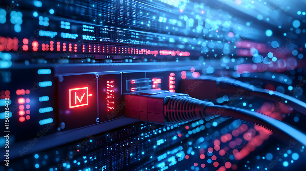 Macro Shot of Secure Data Transmission Cables with Encryption Indicators and Copy Space for Text Branding