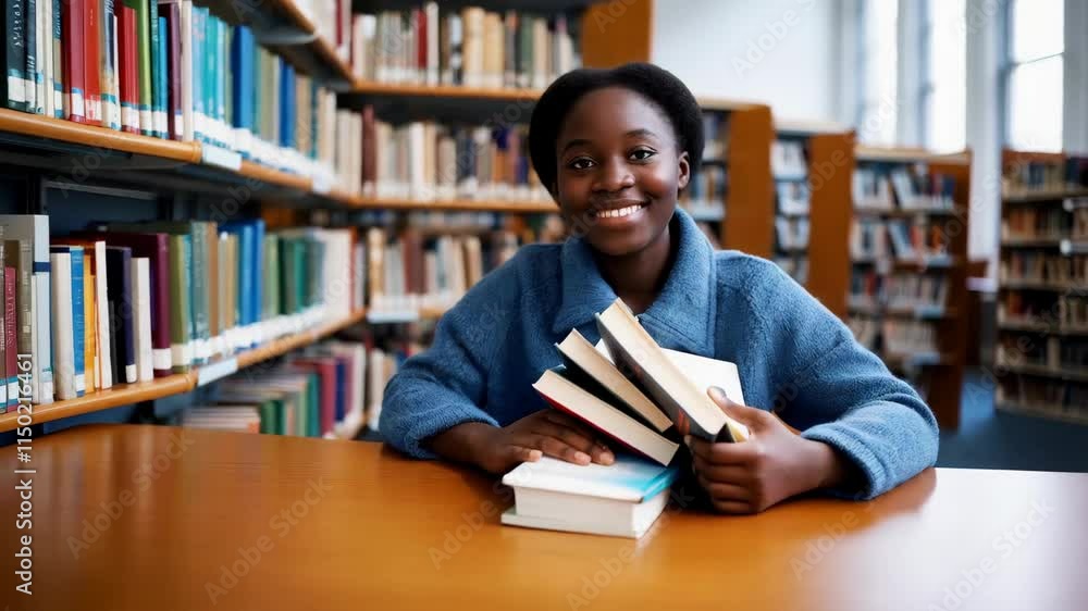 Smiling student embracing books in a cozy library setting Smiling student embracing books in a cozy library setting
