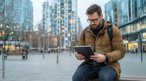 Young man in a jacket using a tablet while sitting in a modern city plaza surrounded by skyscrapers