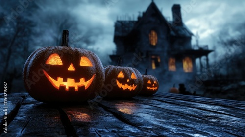 Halloween background with pumpkins and haunted house photo