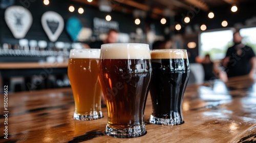 The vibrant image displays three assorted craft beers, each uniquely colored, set on a polished wooden counter, capturing the essence of beer craftsmanship and variety. photo