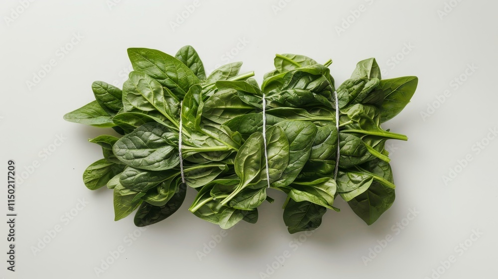 Fresh spinach leaves bundled with a rubber band against a clean white background Fresh spinach leaves bundled with a rubber band against a clean white background
