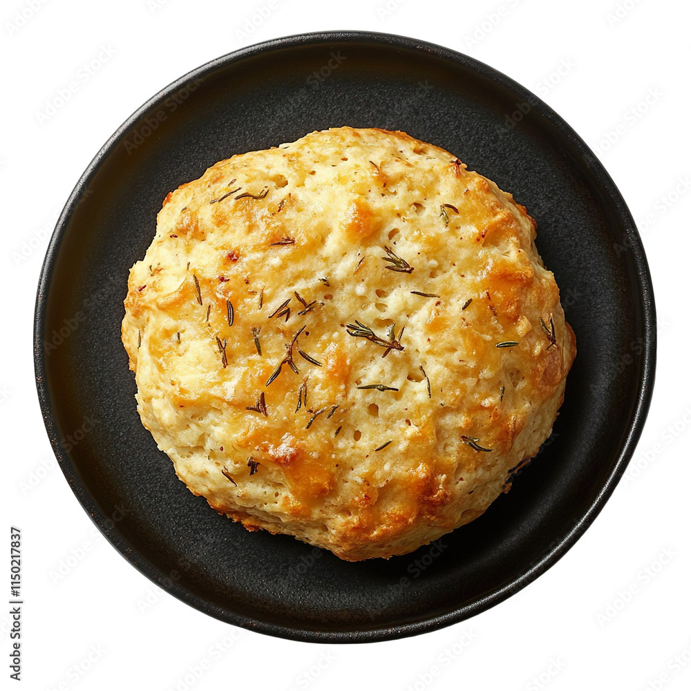 Top view of a delicious looking tattie scone on a dark ceramic platter isolated on a white transparent background Top view of a delicious looking tattie scone on a dark ceramic platter isolated on a white transparent background