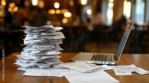 Overwhelmed  Huge Stack of Papers   Laptop on Desk