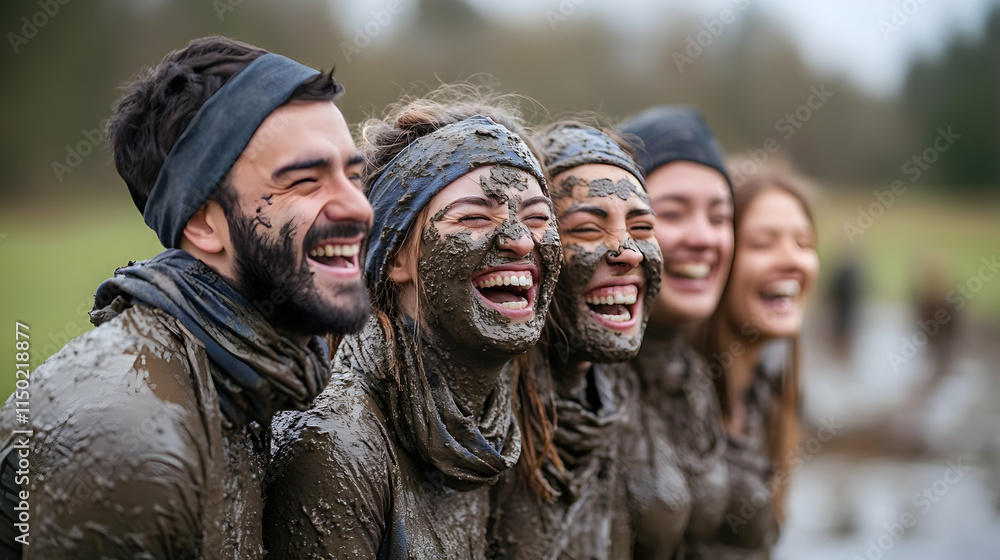 Fototapeta premium Laughing Friends Covered in Mud After Obstacle Course with Copy Space for Branding