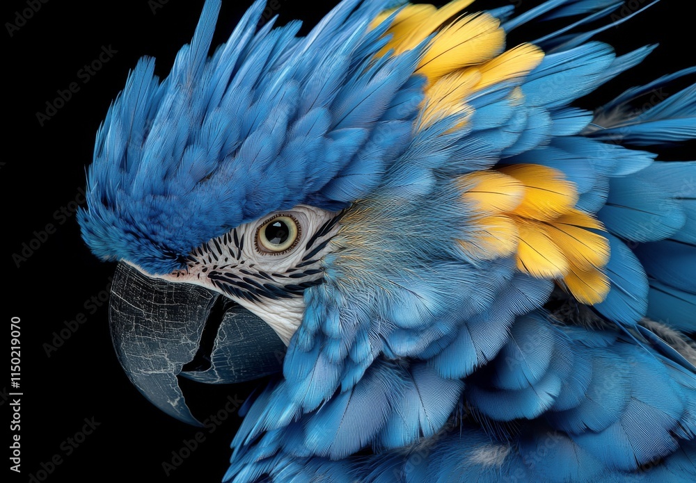 Obraz premium Close-up view of a vibrant blue and yellow parrot perched peacefully in natural light