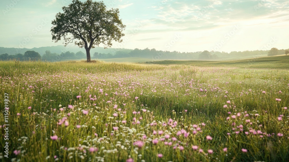 Serene Meadow Landscape: A solitary tree stands in a vast field of wildflowers under a tranquil morning sky, evoking a sense of peace and natural beauty. Serene Meadow Landscape: A solitary tree stands in a vast field of wildflowers under a tranquil morning sky, evoking a sense of peace and natural beauty.