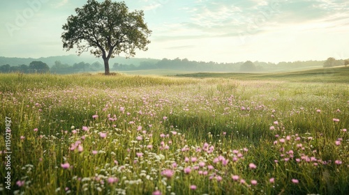 Wallpaper Mural Serene Meadow Landscape: A solitary tree stands in a vast field of wildflowers under a tranquil morning sky, evoking a sense of peace and natural beauty. Torontodigital.ca
