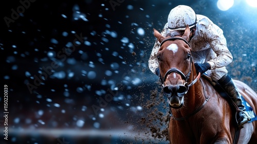 Under stadium lights, a jockey pushes a muscular horse to dynamic speeds, the blurred background creating a striking contrast against the airborne soil. photo