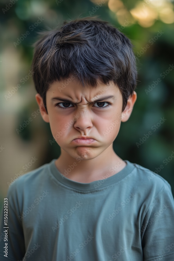 A young boy with a serious expression, frowning and looking displeased. He has short, dark hair and is wearing a plain green t-shirt. A young boy with a serious expression, frowning and looking displeased. He has short, dark hair and is wearing a plain green t-shirt.