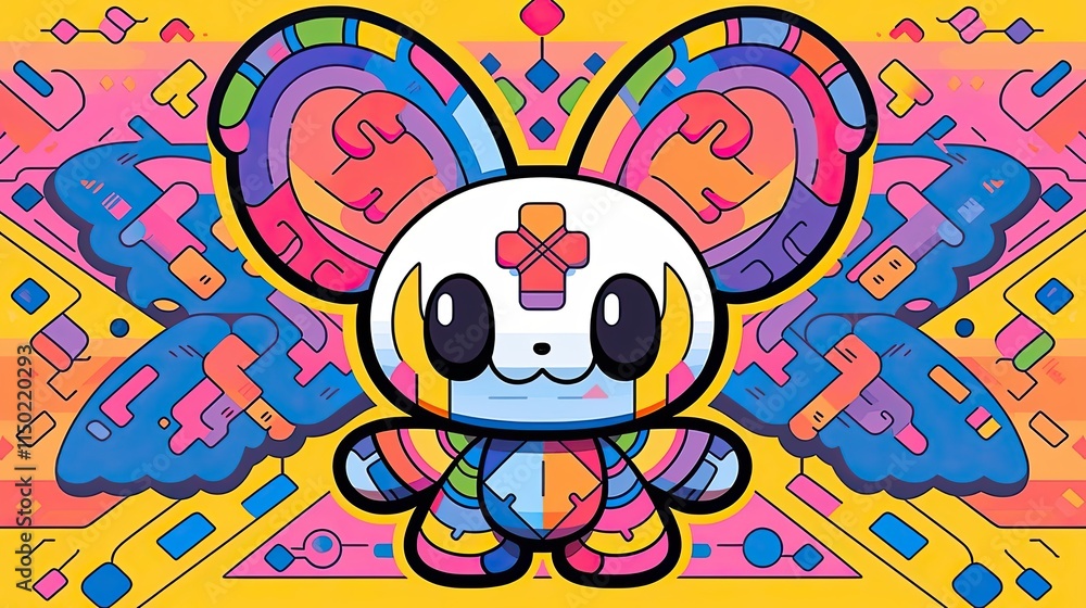 Fototapeta premium Vibrant Colorful Cartoon Bunny Illustration with Abstract Geometric Background