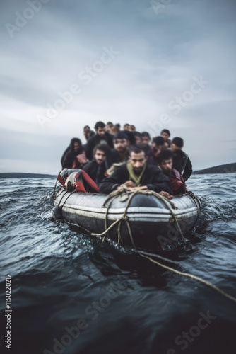 Migrants on the boat in the sea, forced displacement, rescue, refugees, evacuation by water transport photo