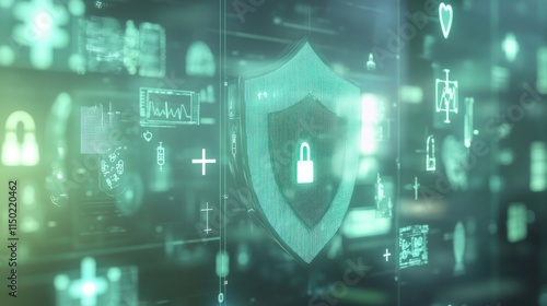 Translucent 3D layers with medical symbols, protected by a glowing shield and lock, represent secure health data.