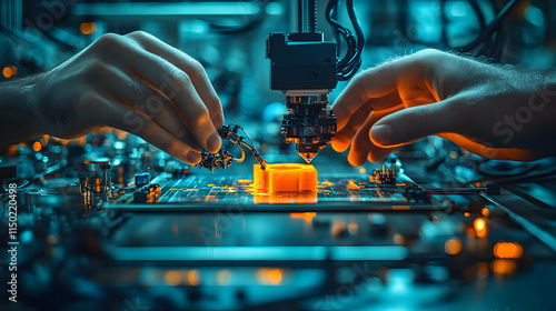 Fototapeta Naklejka Na Ścianę i Meble -  Macro shot of hands collaborating on 3D printing projects copy space on left concept as A macro shot of hands collaborating on 3D printing projects emphasizing tactile digital collaboration and creati