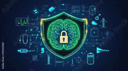 Vibrant health icons like syringes and heart monitors pulse within a secure digital shield.