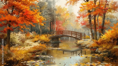 A painting of a bridge over a river with autumn leaves