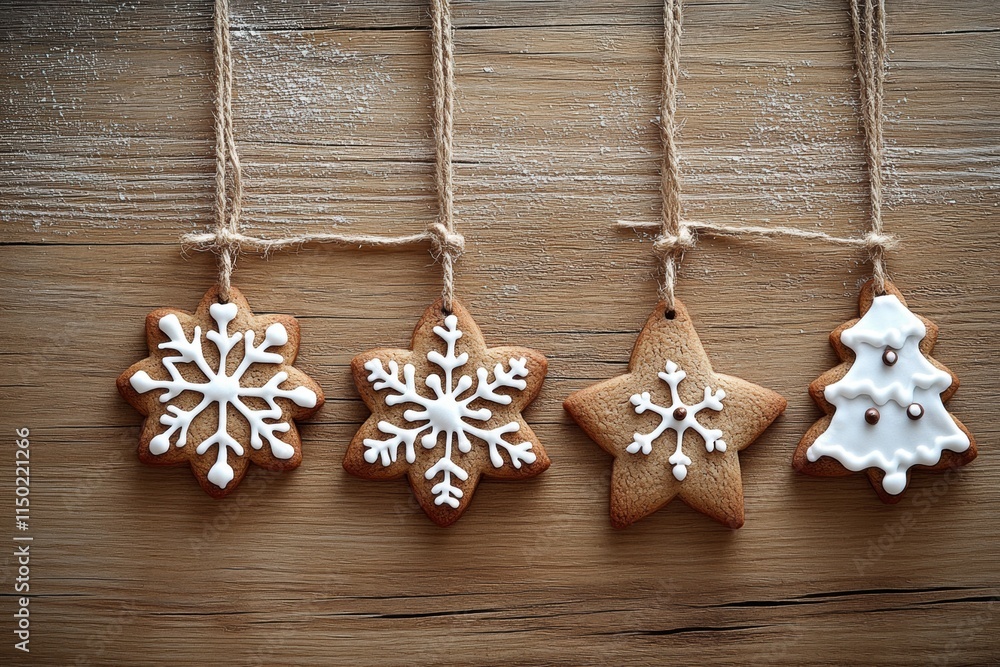 Fototapeta premium Christmas Gingerbread Cookies Hanging on Rustic Wood