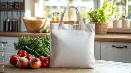 White eco friendly shopping bag with fresh vegetables. Linen tote shopper bag on modern kitchen table