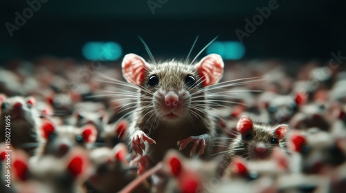 In a scene filled with mice, one mouse stands out with its large, expressive eyes, highlighted against a busy blur of other mice, for an emotive, striking story. photo