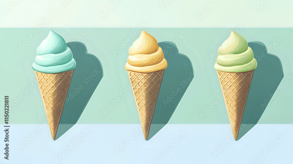 Three ice cream cones in pastel shades Three ice cream cones in pastel shades
